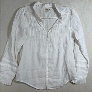 Faherty Organic Cotton Size Large White Classic Preppy Chic Long Sleeve Blouse